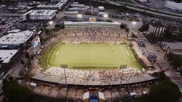 Aerial view of a football stadium during a match